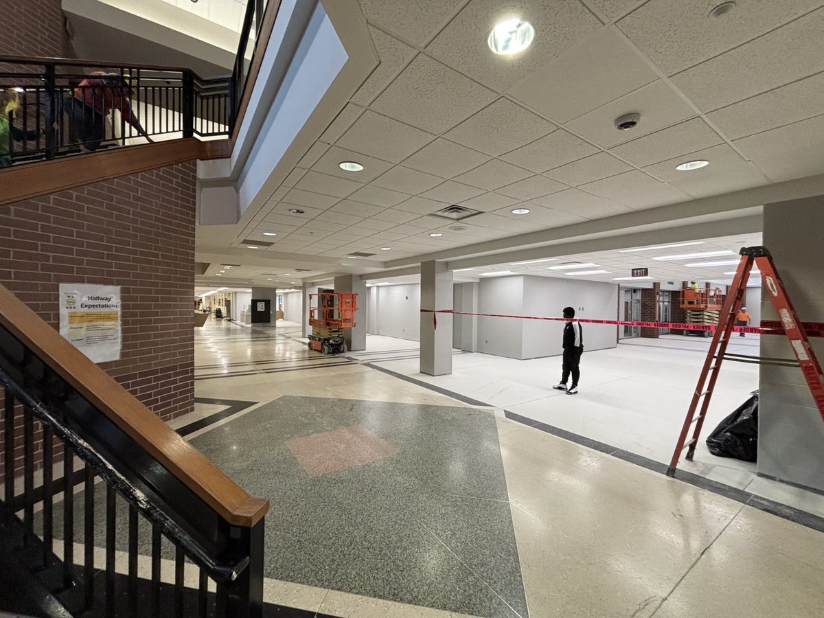 AvonSupt's tweet photo. ⁦@AHS_Orioles⁩ students &amp; staff aren’t going to believe the changes when they return next week!  Main corridor is doubled in size.  New corridor opens connecting main entrance to library, new art &amp; broadcast classrooms ready.  Wow - unbelievable transformation! https://t.co/BudXwmqeJF