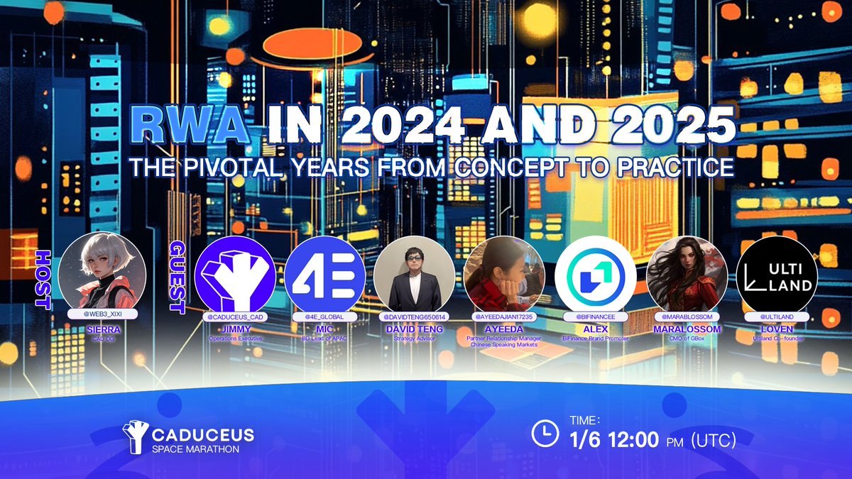 🎙️ Join <a href="/Caduceus_CAD/">Caduceus</a> on Jan 6th Space!   🏘️RWA in 2024 and 2025: The Pivotal Years from Concept to Practice🌟

🔬Host: Sierra <a href="/web3_Xixi/">Sierra</a> 
💝Guests: 
Jimmy, Operations Executive at <a href="/Caduceus_CAD/">Caduceus</a> 
Mic, BD Lead of <a href="/4E_Global/">4E Global</a> 
David Teng, David Teng of <a href="/aiwayworld/">ATT</a> 
Alex, Brand