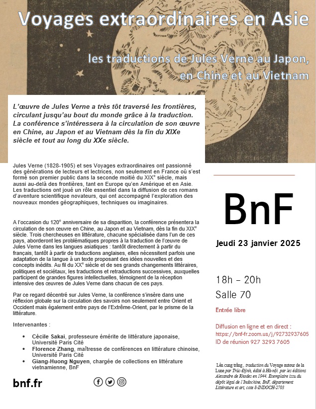 Coralie Castel (@coraliecastel) on Twitter photo Bonne nouvelle pour démarrer l'année, au moins pour les amateurs verniens éloignés de Paris :
la conférence <a href="/laBnF/">Bibliothèque BnF</a> du 23/01 autour des traductions de Jules Verne en Asie sera diffusée en direct via zoom
bnf-fr.zoom.us/j/92732937605 - ID de réunion 927 3293 7605 Bonne nouvelle pour démarrer l'année, au moins pour les amateurs verniens éloignés de Paris :
la conférence <a href="/laBnF/">Bibliothèque BnF</a> du 23/01 autour des traductions de Jules Verne en Asie sera diffusée en direct via zoom
bnf-fr.zoom.us/j/92732937605 - ID de réunion 927 3293 7605