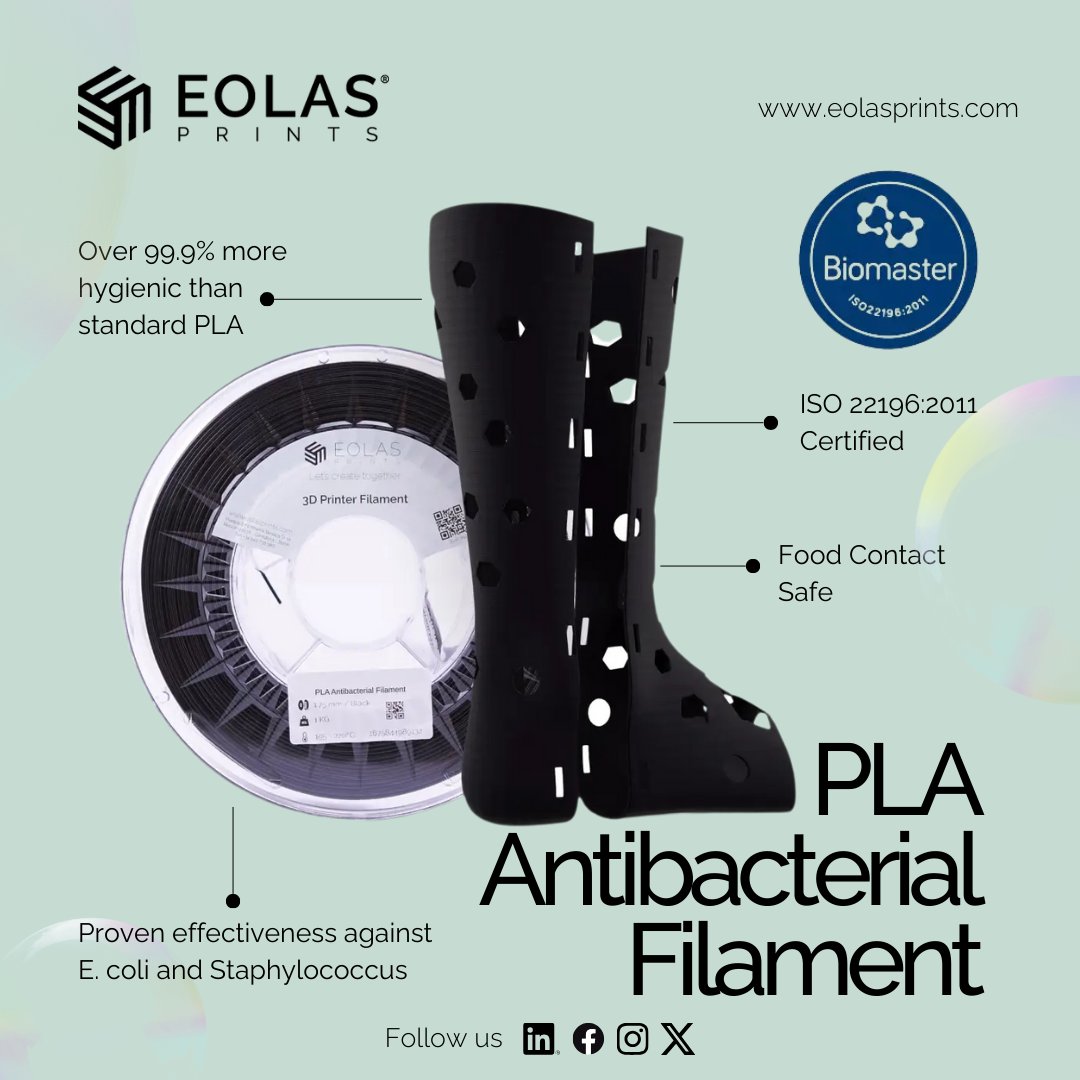 🚀 NEW: Antibacterial PLA Filament
ISO 22196:2011 certified

✅ Kills 99.9% bacteria
✅ Zero chemical leaching
✅ Permanent effectiveness

Transform your hygienic 3D printing game!

eolasprints.com/products/pla-a…

#3DPrinting #Manufacturing #eolasprints