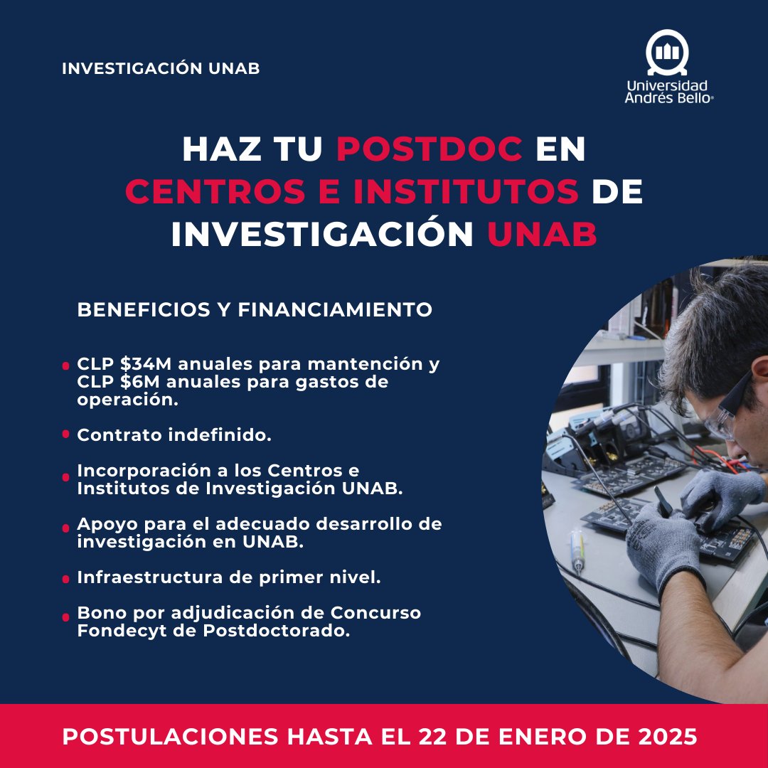 📢Haz tu Postdoc en Centros e Institutos de Investigación UNAB. "Queremos que los mejores investigadores encuentren en UNAB un lugar donde puedan desarrollar sus ideas y potenciar su impacto científico". Nota completa acá: tinyurl.com/musy9d2v