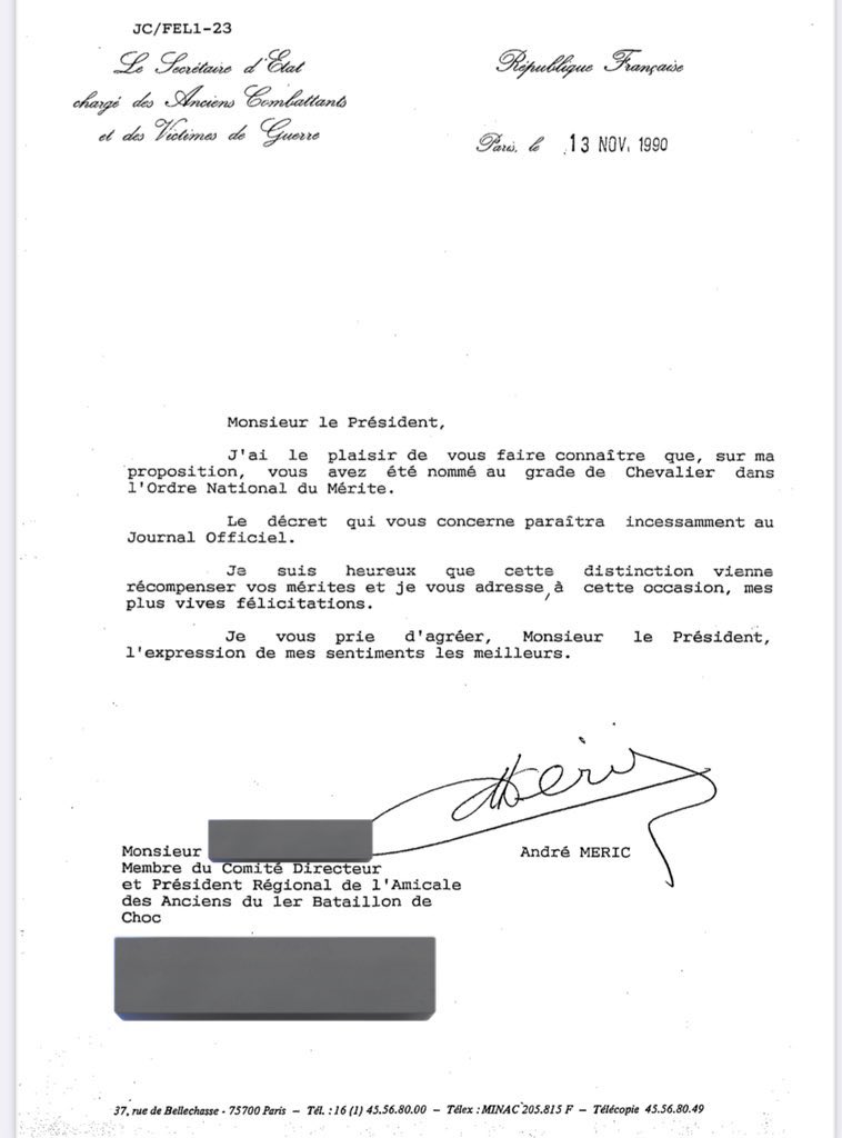 Retrouvé dans les archives, ce courrier du Secrétaire d’Etat André Méric (gouvernement Rocard) en 1990 informant mon grand-père, ancien militaire, de sa nomination au grade de Chevalier dans l’ordre national du Mérite.