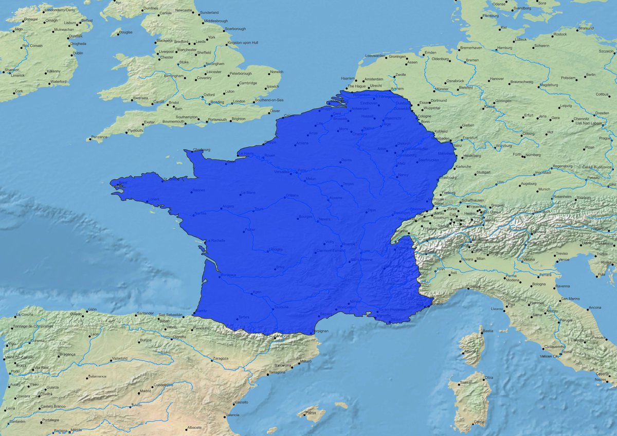 theepicmap's tweet image. Map of the "natural borders of France" idea, made popular by Napoleon Bonaparte