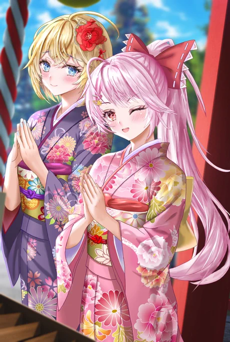 去年の年賀イラストで描いた←シェリーちゃんとりおねちゃん→です今回描いた代理ちゃん含めてうちの子3人をよろしくね#oc 