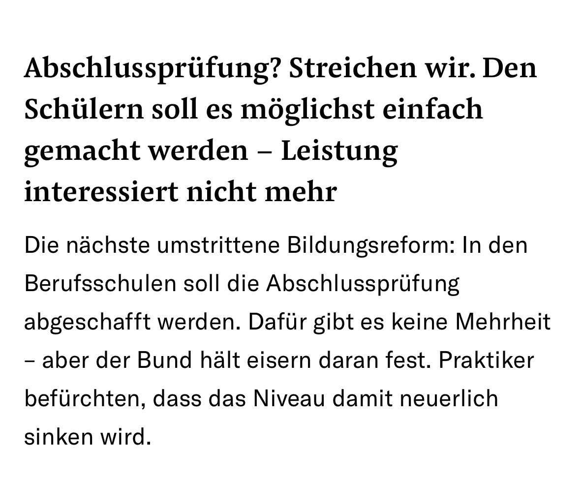 Das SBFI will in den Berufsschulen die Abschlussprüfung im allgemeinbildenden Unterricht (ABU) streichen – schlechte Idee! Prüfungen lehren Umgang mit Stress und sind für die Sicherstellung eines hohen Niveaus zentral. Insb. im ABU wesentlich. Bewahren wir das Leistungsprinzip!