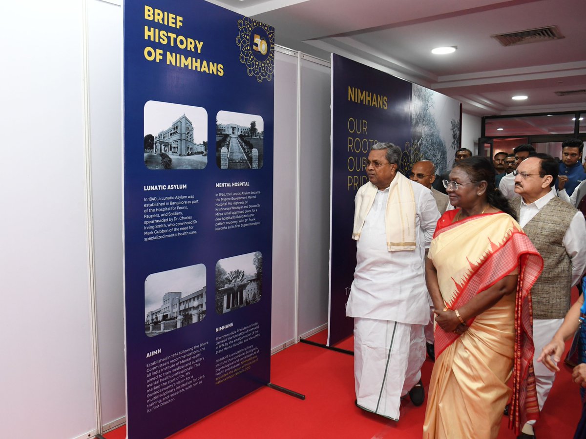 rashtrapatibhvn's tweet photo. President Droupadi Murmu graced the commemoration of golden jubilee celebrations of NIMHANS at Bengaluru. The President said that innovative research and rigorous academic programme with exceptional patient care has made NIMHANS an undisputed leader in the field of mental health and neurosciences.