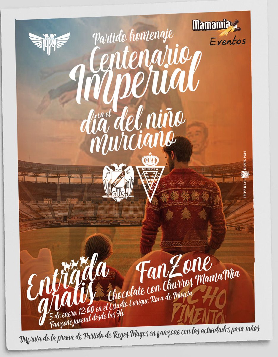 🎉⚽ ¡Celebra el Centenario del Imperial con nosotros! ⚽🎉

📅 5 de enero
🕛 12:00 horas
🏟️ Estadio Enrique Roca de Murcia

💯 Partido homenaje al Centenario del Imperial:
🔴 Imperial 🆚 Real Murcia

🎟️ Entrada libre para todo el público
🍫 Chocolate con churros en la previa