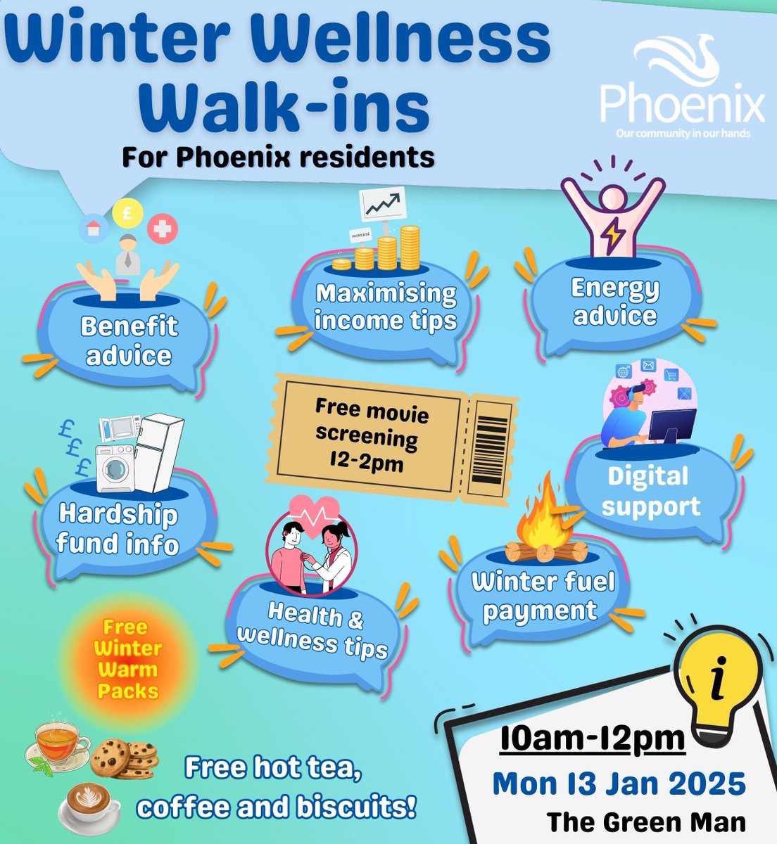 Need advice? We're here to help! With winter upon us, we know many of you may have questions or uncertainties with their finances. So we're we're hosting a series of winter wellness walk-ins across the Phoenix area until Feb '25.

For more info 👇 
phoenixch.org.uk/www2425-tgm