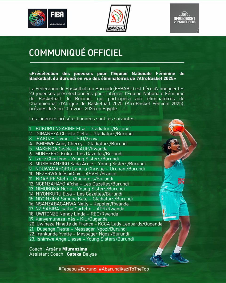 La Fédération de Basketball du Burundi est fière d'annoncer les 23 joueuses présélectionnées pour intégrer l'Equipe Nationale Féminine de Basketball du Burundi, qui participera aux éliminatoires du Championnat d'Afrique de Basketball 2025.
#Febabu #Burundi #AbarundikaziToTheTop