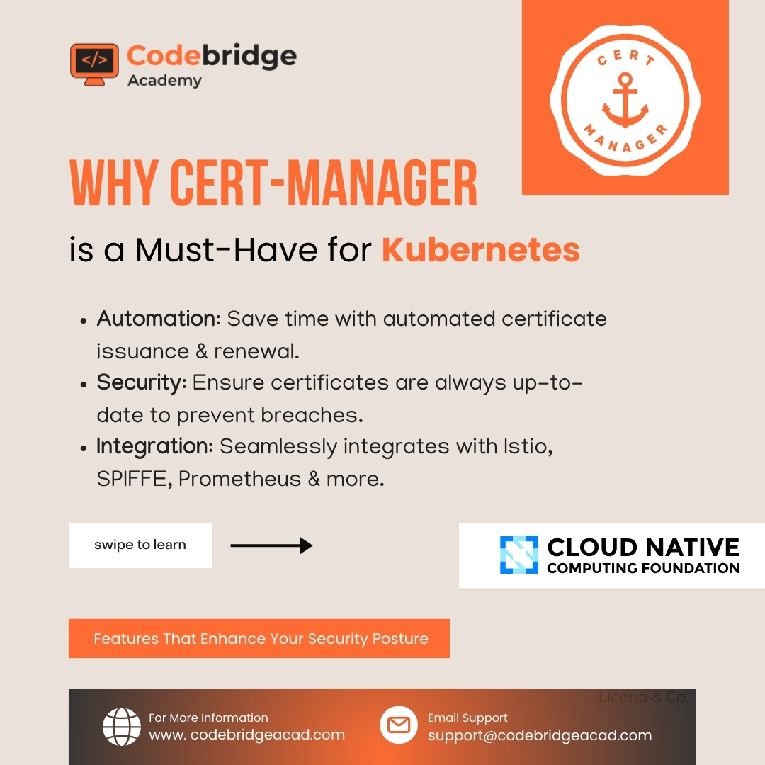 CodeBridgeAca's tweet image. Cert-Manager: Your Gateway to Seamless Security! 💡
🔗 codebridgeacad.com
#CodeBridge_academy #linuxtraining #CodingBootcamp #cloudcomputing #AWS #awsjobs #DevOps #cloudengineer #techsupport #devopsengineer #TechCareers #ITTraining #Oklahoma #CyberSecurity