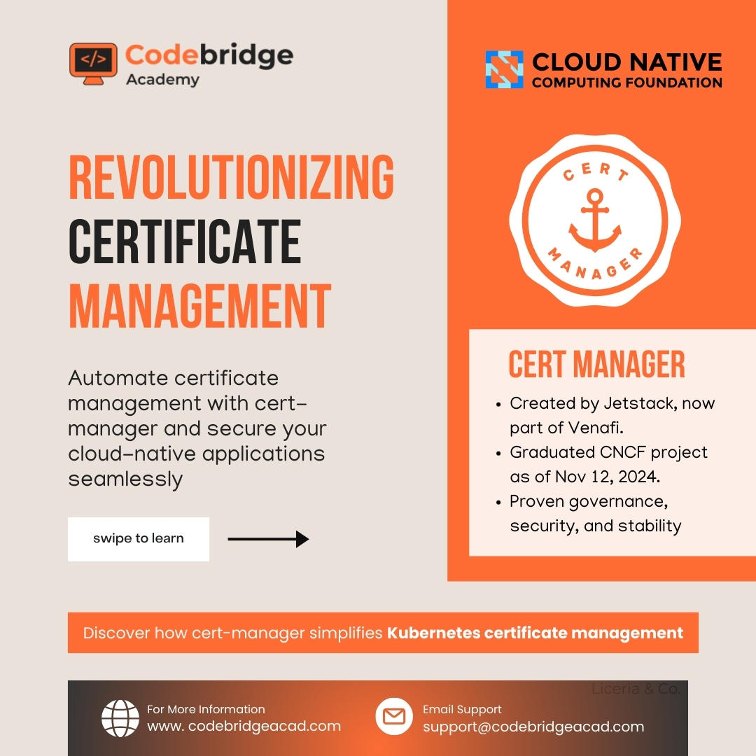 CodeBridgeAca's tweet image. Cert-Manager: Your Gateway to Seamless Security! 💡
🔗 codebridgeacad.com
#CodeBridge_academy #linuxtraining #CodingBootcamp #cloudcomputing #AWS #awsjobs #DevOps #cloudengineer #techsupport #devopsengineer #TechCareers #ITTraining #Oklahoma #CyberSecurity