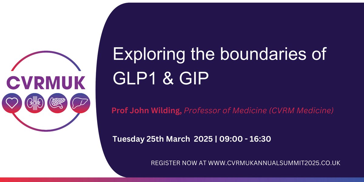 Have you signed up yet for our Annual Meeting on 25th March 2025? If you're keen to explore the boundaries of GLP1 &amp; GIP with Prof John Wilding there's still time to register. View the full agenda here: cvrmuk.com/events/47/card…