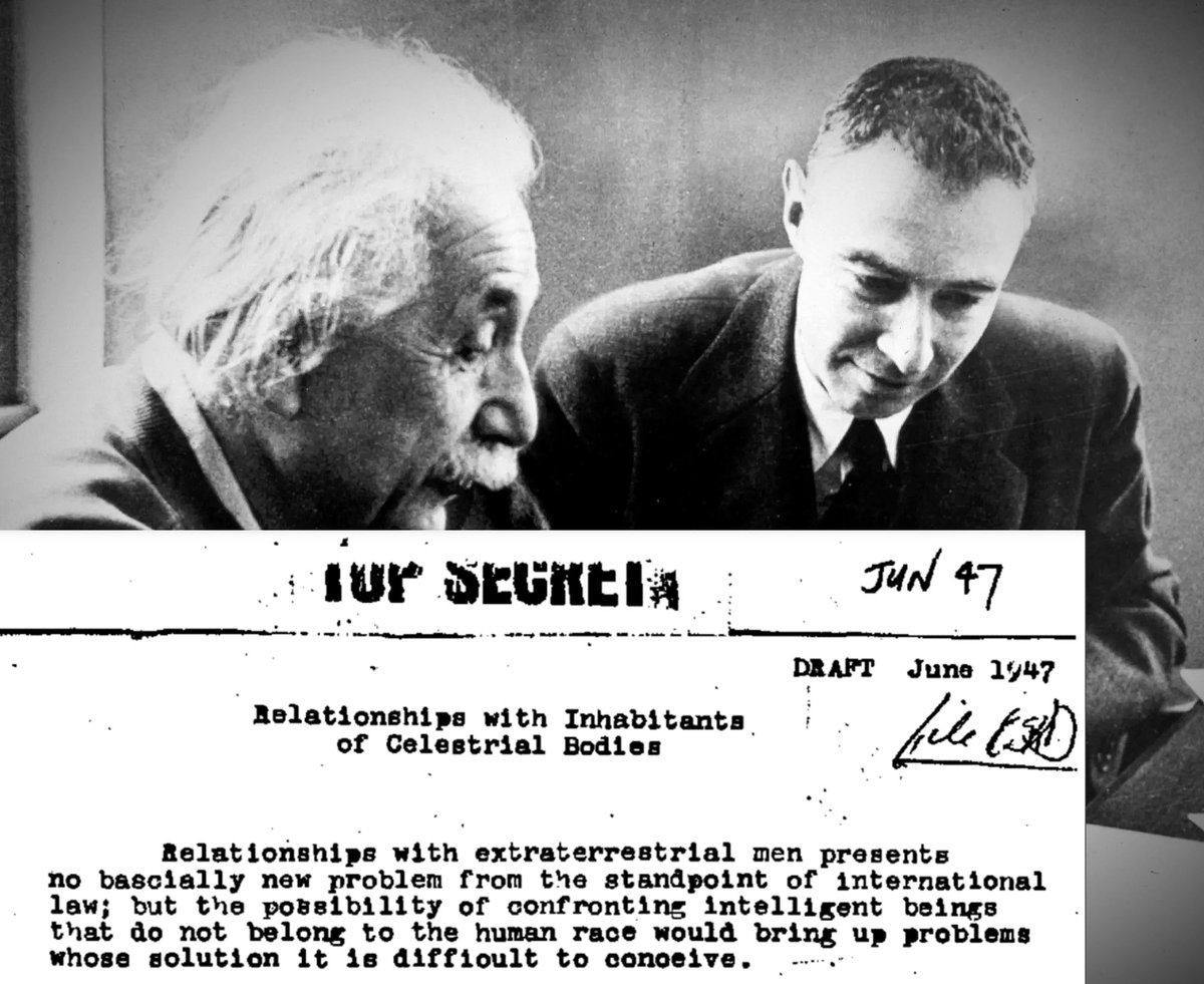 🚨 Einstein &amp; Oppenheimer Wrote a Report on Extraterrestrial Intelligence 

A Top Secret document was written by Robert Oppenheimer, an American theoretical physicist, and Albert Einstein, a German theoretical physicist. Entitled “Relationships with Inhabitants of Celestial