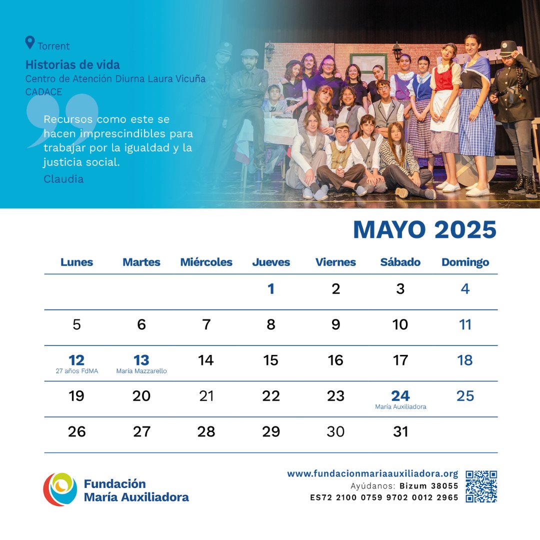 📆 Este mes, en el calendario de mayo compartimos el testimonio de Claudia, del Centro de Atención Diurna Laura Vicuña (CADACE) en #FdMA_CdadValenciana.

🥰 «Recursos como este se hacen imprescindibles para trabajar por la igualdad y la justicia social.»

#Confía