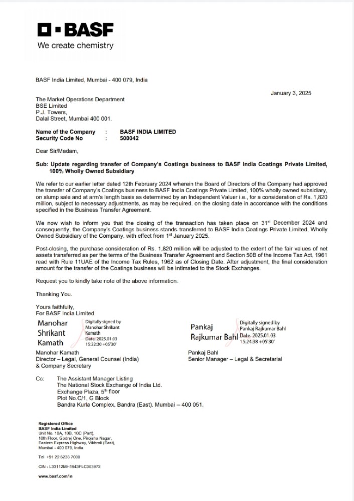 Equiwealthh's tweet photo. 📊BASF India Update🚀
🔹Business Transfer: Coatings business transferred to BASF India Coatings Pvt Ltd (wholly-owned subsidiary).
🔹Deal Value: ₹182 Crores.
📑Enhance operational focus and efficiency.
#BASFIndia #BusinessTransfer #CoatingsIndustry #MarketUpdate #StockNews https://t.co/4smhX7fiMN