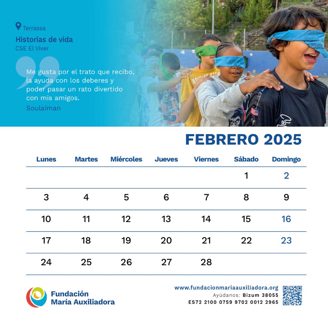 📆 Este mes, en el calendario de febrero compartimos el testimonio de Soulaiman, del CSE El Viver en #FdMA_Terrassa.

🥰 «Me gusta por el trato que recibo, la ayuda con los deberes y poder pasar un rato divertido con mis amigos.»

#Confía