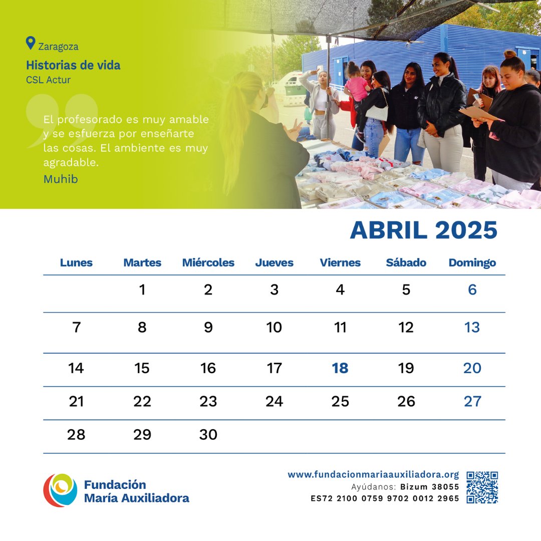 📆 Este mes, en el calendario de abril compartimos el testimonio de Muhib, del CSL Actur en #FdMA_Zaragoza.

🥰 «El profesorado es muy amable y se esfuerza por enseñarte las cosas. El ambiente es muy agradable.»

#Confía