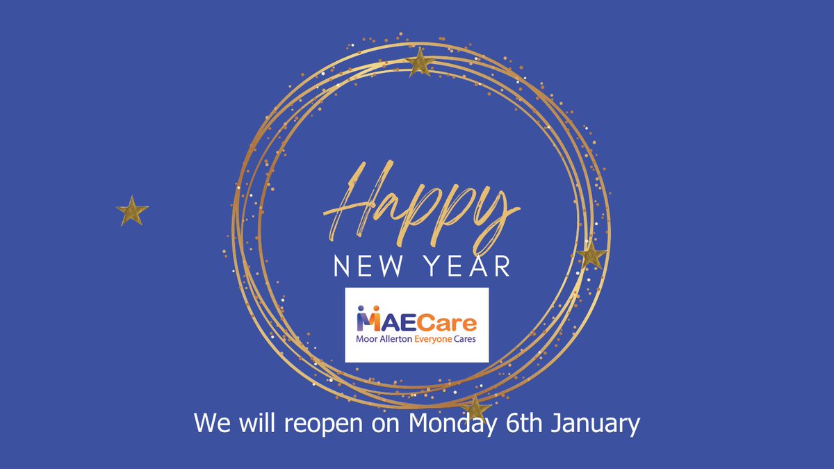MaeCare - Moor Allerton Everyone Cares (@olderpeoplels17) on Twitter photo We hope you had a peaceful, healthy festive season. See you again on 6th January.
๐๐๐#happynewyear #6th We hope you had a peaceful, healthy festive season. See you again on 6th January.
๐๐๐#happynewyear #6th