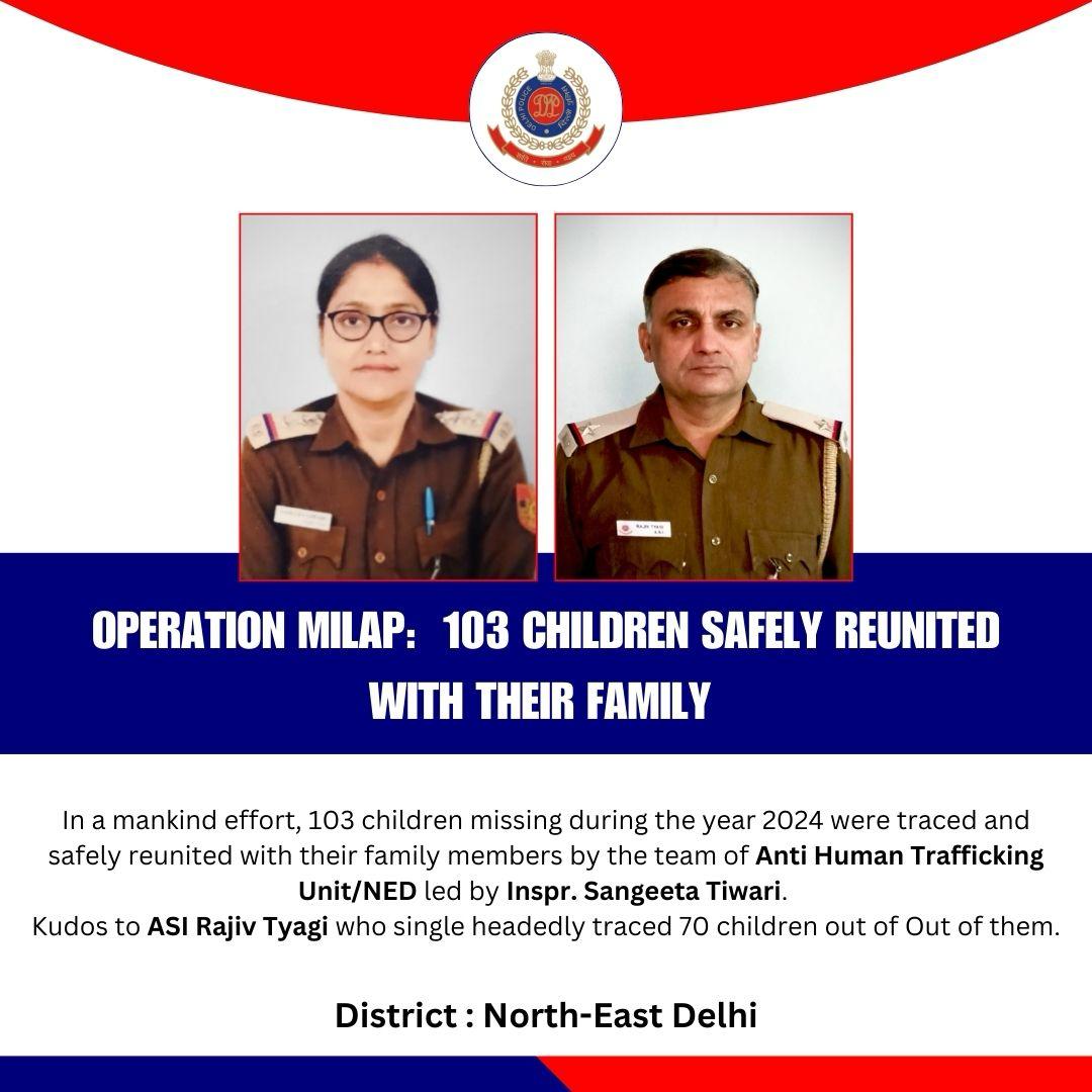 DCPNEastDelhi's tweet photo. Operation Milap!
In a mankind effort, 103 children missing during the year 2024 were traced and safely reunited with their family members by the team of Anti Human Trafficking Unit/NED led by Inspr. Sangeeta Tiwari. 
ASI Rajiv Tyagi  single handedly traced 70 children out of them https://t.co/9x76mzeS0c