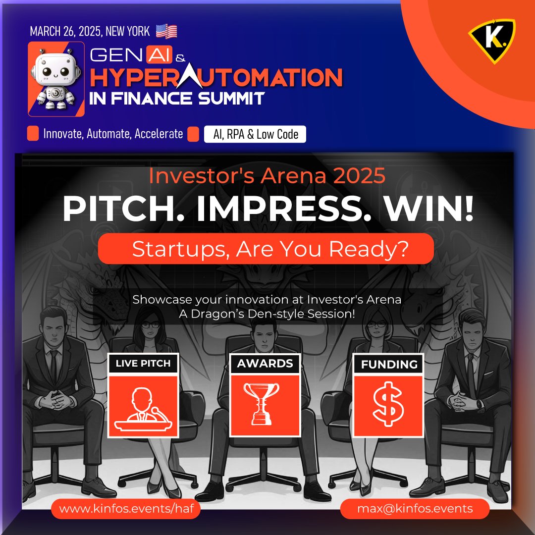 aaisummit's tweet photo. 🚀 Calling All Startups!

Pitch your vision at the Gen AI &amp; HyperAutomation Summit in NYC on March 26, 2025!

💡 5 Minutes. 5 Startups. 1 Stage.
Showcase your innovation to top VCs in a thrilling Dragon’s Den-style pitch.

📧max@kinfos.events
🔗 More: https://t.co/5ZykgGmAiq https://t.co/En7o8OIea8