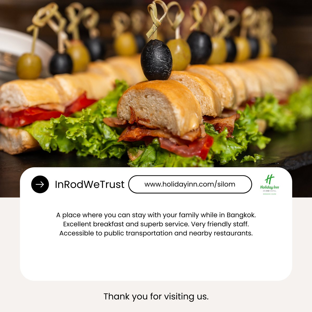 𝗧𝗵𝗮𝗻𝗸 𝘆𝗼𝘂 𝗳𝗼𝗿 𝘆𝗼𝘂𝗿 𝗸𝗶𝗻𝗱 𝗿𝗲𝘃𝗶𝗲𝘄 📷
We’re thrilled to hear that you enjoyed your stay with us at Holiday Inn Bangkok Silom. We can’t wait to welcome you back soon! 📷📷
#holidayinnbangkoksilom #AnIHGHotel #IHGOneRewards #BringOnTheRewards #ExperienceIHG