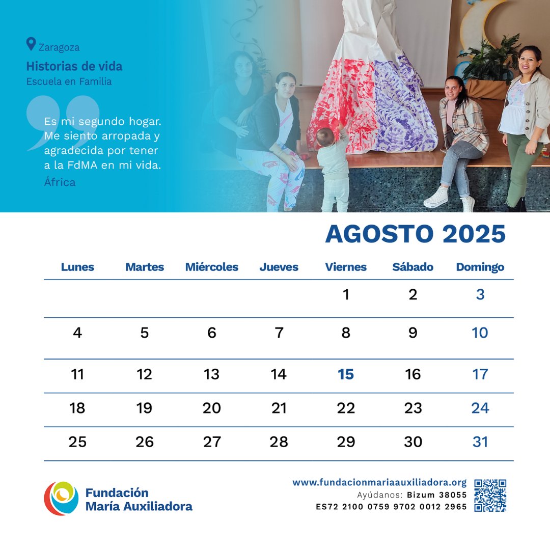 📆 Este mes, en el calendario de agosto compartimos el testimonio de África, de Escuela en Familia en #FdMA_Zaragoza.

🥰 «Es mi segundo hogar. Me siento arropada y agradecida por tener a la FdMA en mi vida.»

#Confía