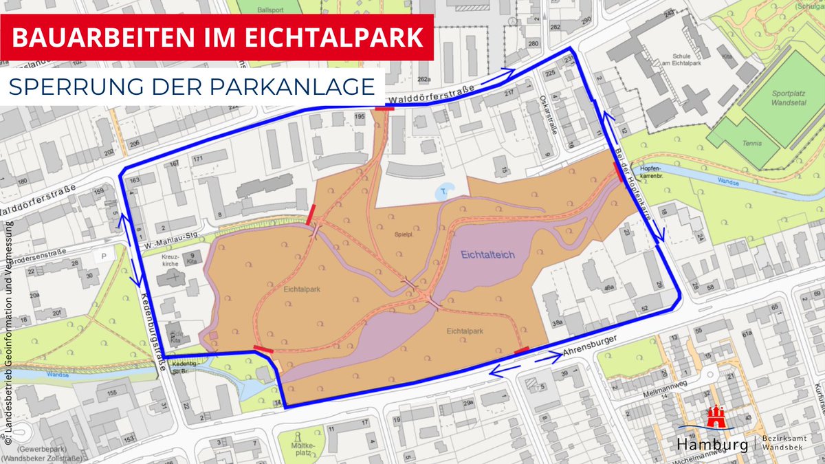 Bis voraussichtlich Ende April 2025 wird die Parkanlage des #Eichtalparks aufgrund von Landschafts- und Wasserbauarbeiten in großen Teilen nicht zugänglich sein 🚧. Bitte nutzt die ausgeschilderten #Umleitungen. Weitere Infos 🔗: t1p.de/cl129