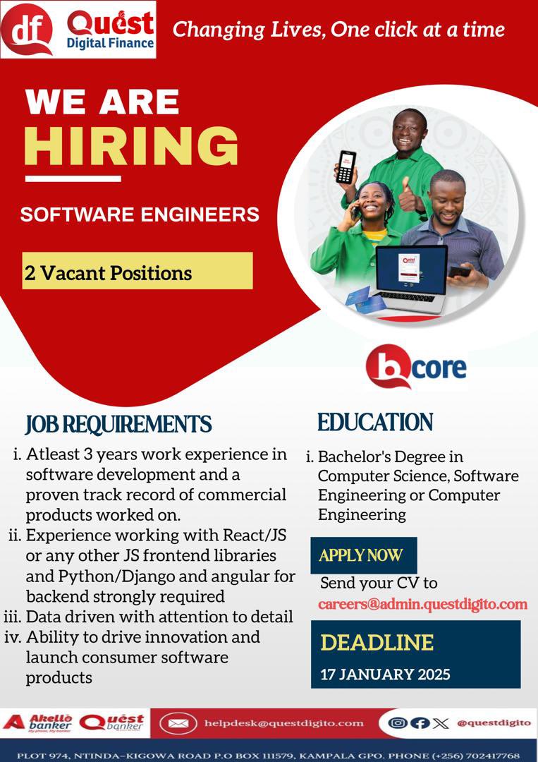 We are hiring 2 talented Software Engineers to join our dynamic team! If you’re passionate about innovation and eager to make a difference in the #fintech and #Agtech space, we want to hear from you!
📌 Check out the poster below for more details.

#Hiring #SoftwareEngineers