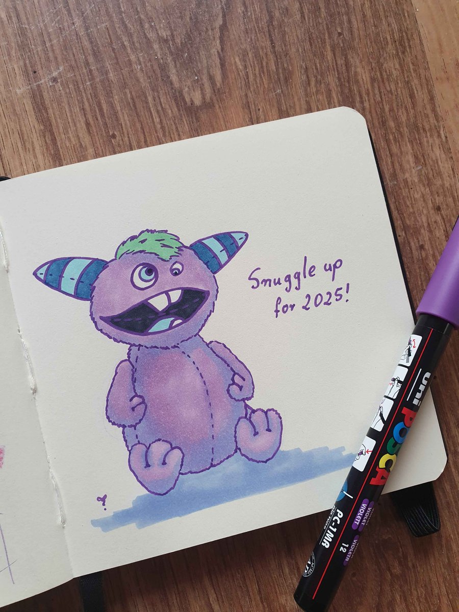 Tiofrean's tweet photo. First art of 2025! Here's to a good year! (And snuggling up with #Snuggles from #Esssentials! Give it a read folks, this tiny interdimensional demon is awesome🥰👏)
#art #fanart #ToraDraws #traditionalart #markers #ohuhu #illustration #comics #happynewyear https://t.co/CyZqYbkZI0