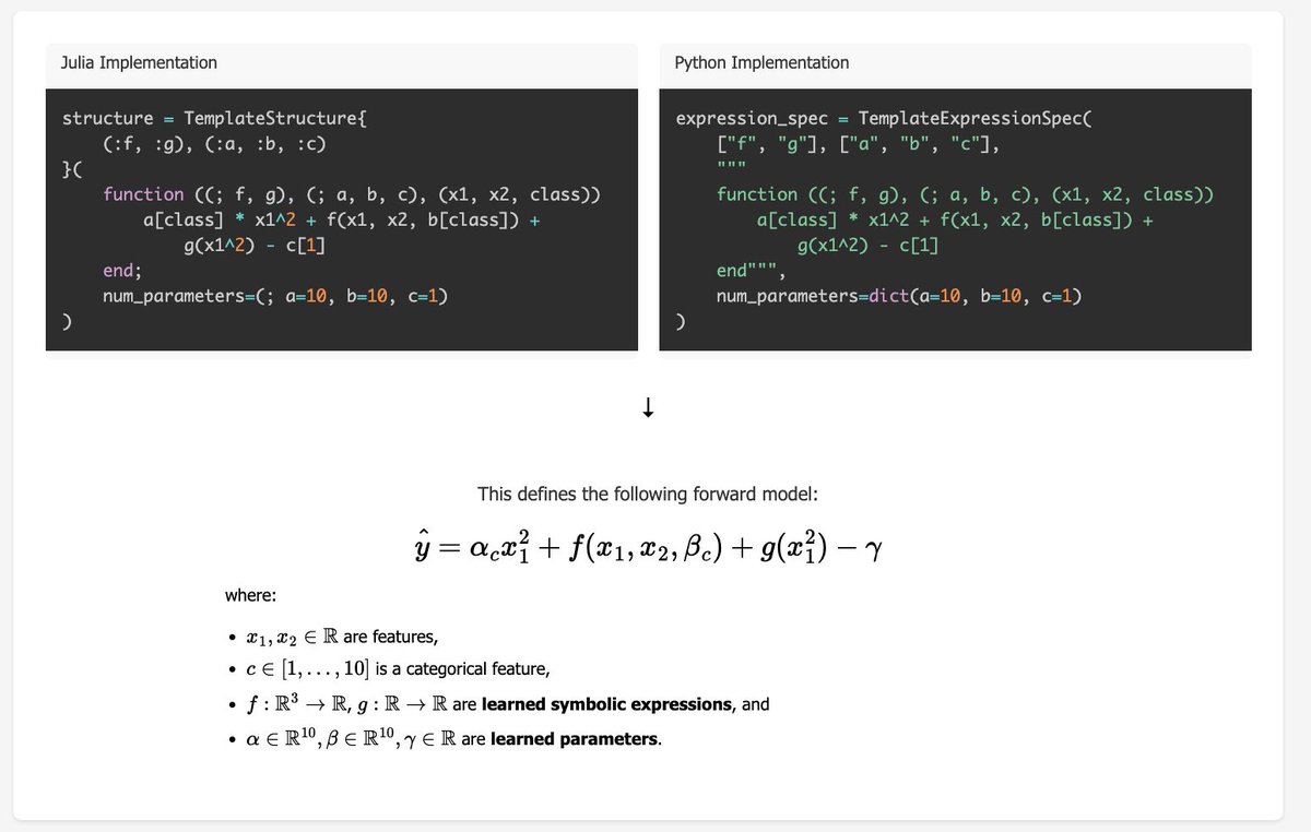 Exploring a new "Template Expression" API design for symbolic regression that allows joint optimization of symbolic expressions with parameter vectors. Can be used for optimizing a neural network simultaneously with a symbolic model, finding parametric expressions, learning