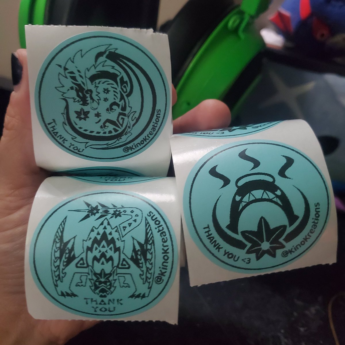 Made some Thank You Labels for purchases -
My main logo for general support of my art 

Kinoboreasu the White Fatalis &amp; Kinokuruga the Lucent Nargacuga; for anything MH related purchased such as my MH art or anything from our MH collection downsize