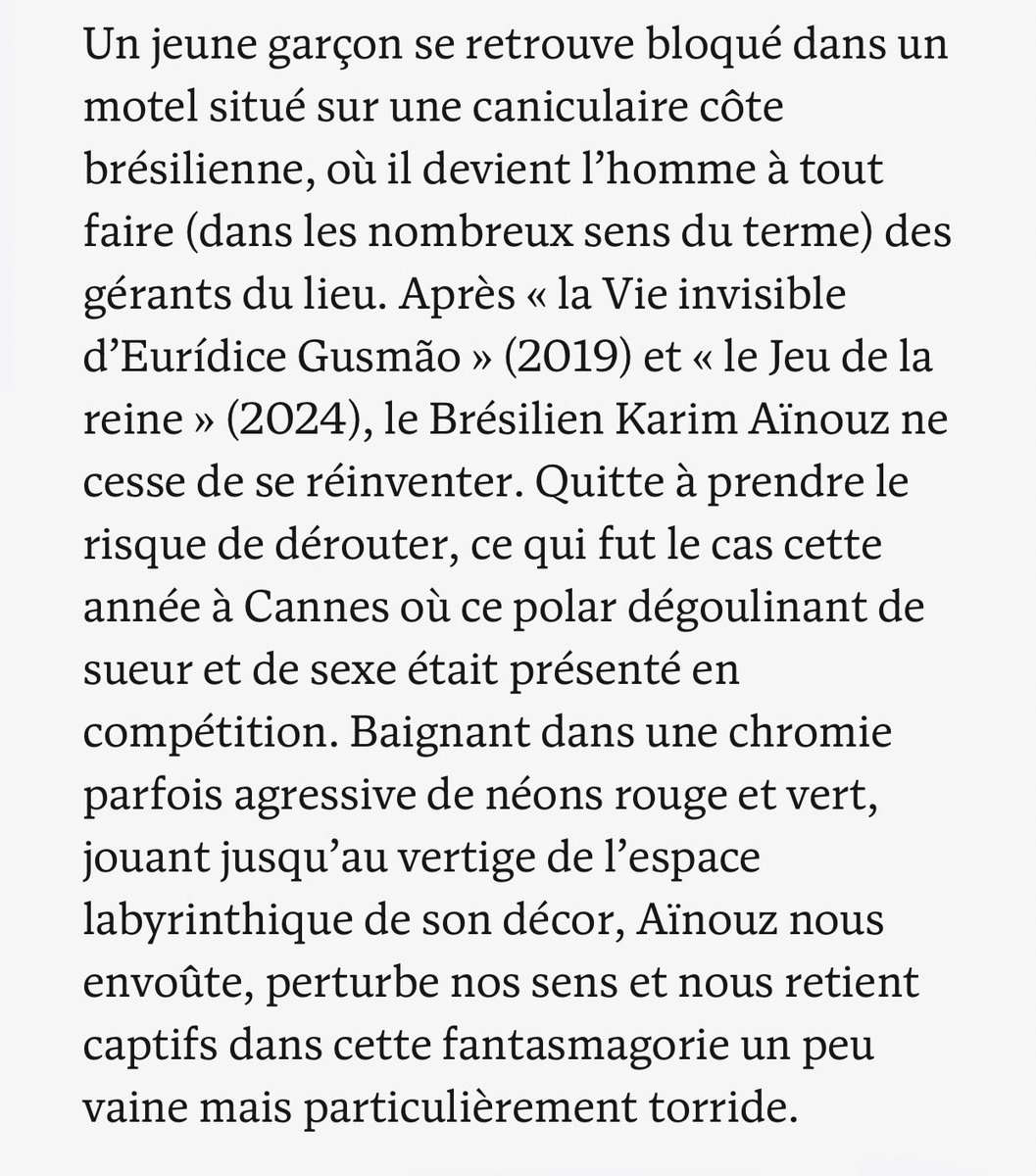 MOTEL DESTINO de Karim Aïnouz «nous envoûte, perturbe nos sens et nous retient captifs», selon le <a href="/Le_NouvelObs/">Le Nouvel Obs</a>  🔥
«polar envoûtant, dégoulinant de sueur et de sexe» 🌹

MOTEL DESTINO est toujours en salles partout en France !

Prenez vos places : allocine.fr/seance/film-31…