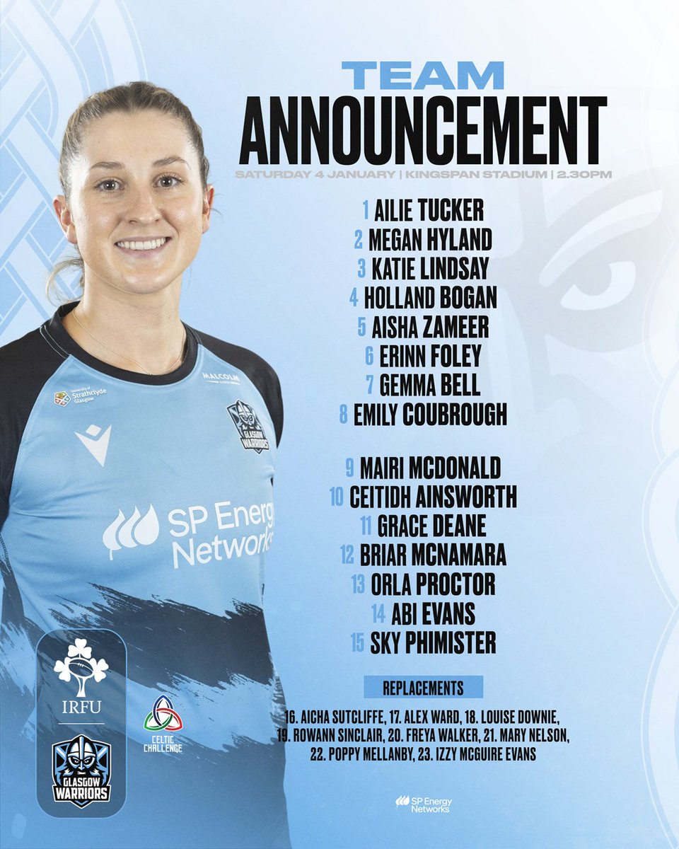 GlasgowWarriors's tweet image. Lindsay Smith has named her team for the next game in the @CelticRugbyComp against Wolfhounds, tomorrow at 2.30pm. 

📰tinyurl.com/yjmvste9