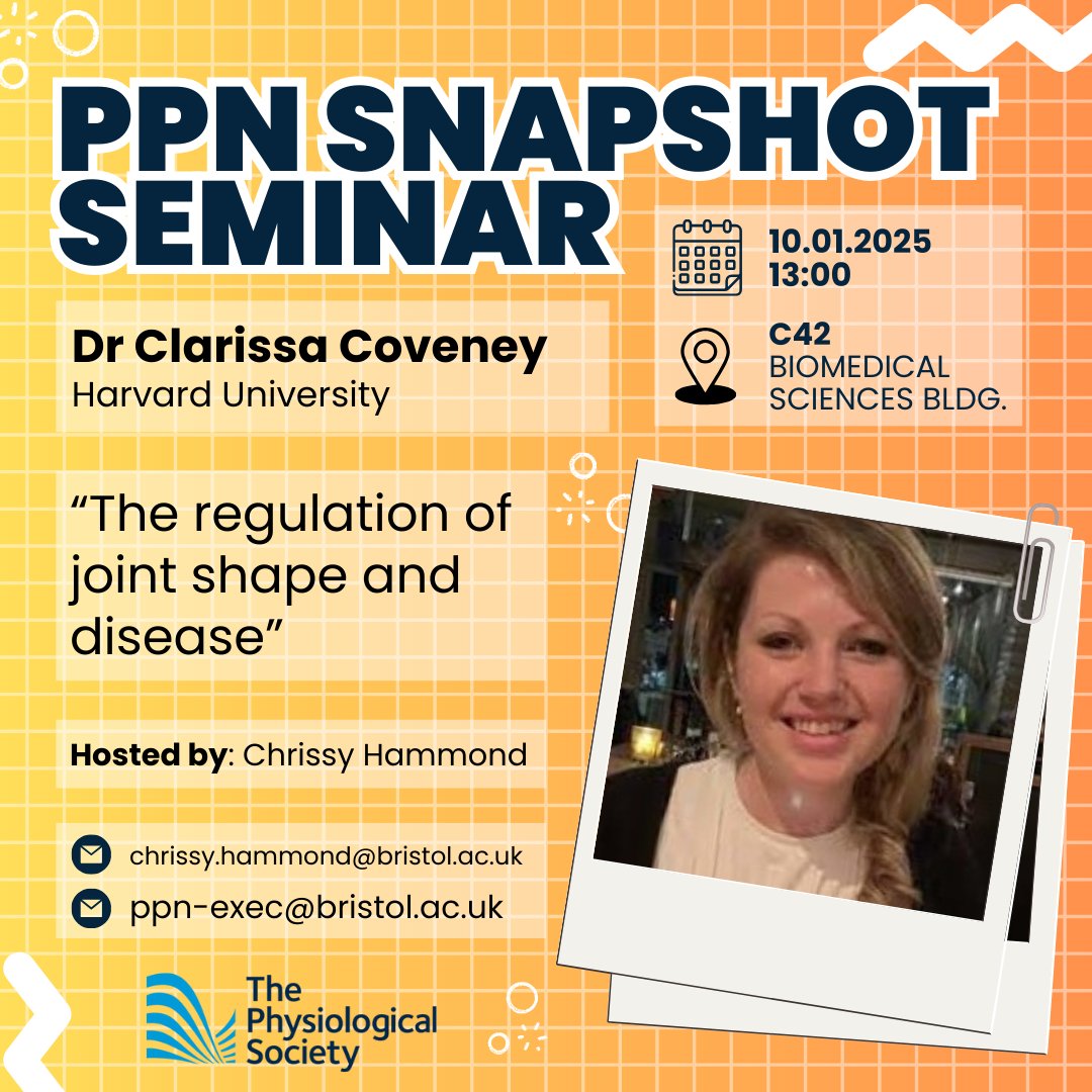 🚨 Join us at 1PM on Fri 10th Jan, in C42 of BSB for Harvard University's Dr Clarissa Coveney's Snapshot Seminar 📷 "The regulation of joint shape and disease"  More info:

<a href="/UoBPPN/">University of Bristol School of PPN</a>
<a href="/RobinCorey1/">Robin Corey @robincorey.bsky.social</a>
Sponsored by <a href="/ThePhySoc/">The Physiological Society</a>
#UoBPPN #PPNSnaps