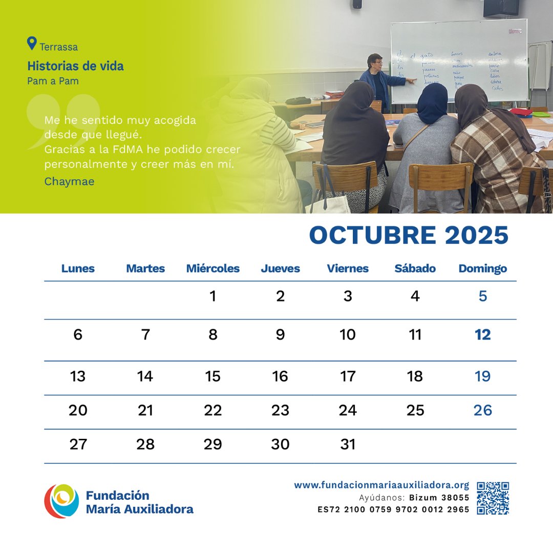 📆 Este mes, en el calendario de octubre compartimos el testimonio de Chaymae, de Pam a Pam en #FdMA_Terrassa.

🥰 «Me he sentido muy acogida desde que llegué. Gracias a la FdMA he podido crecer personalmente y creer más en mí.»

#Confía