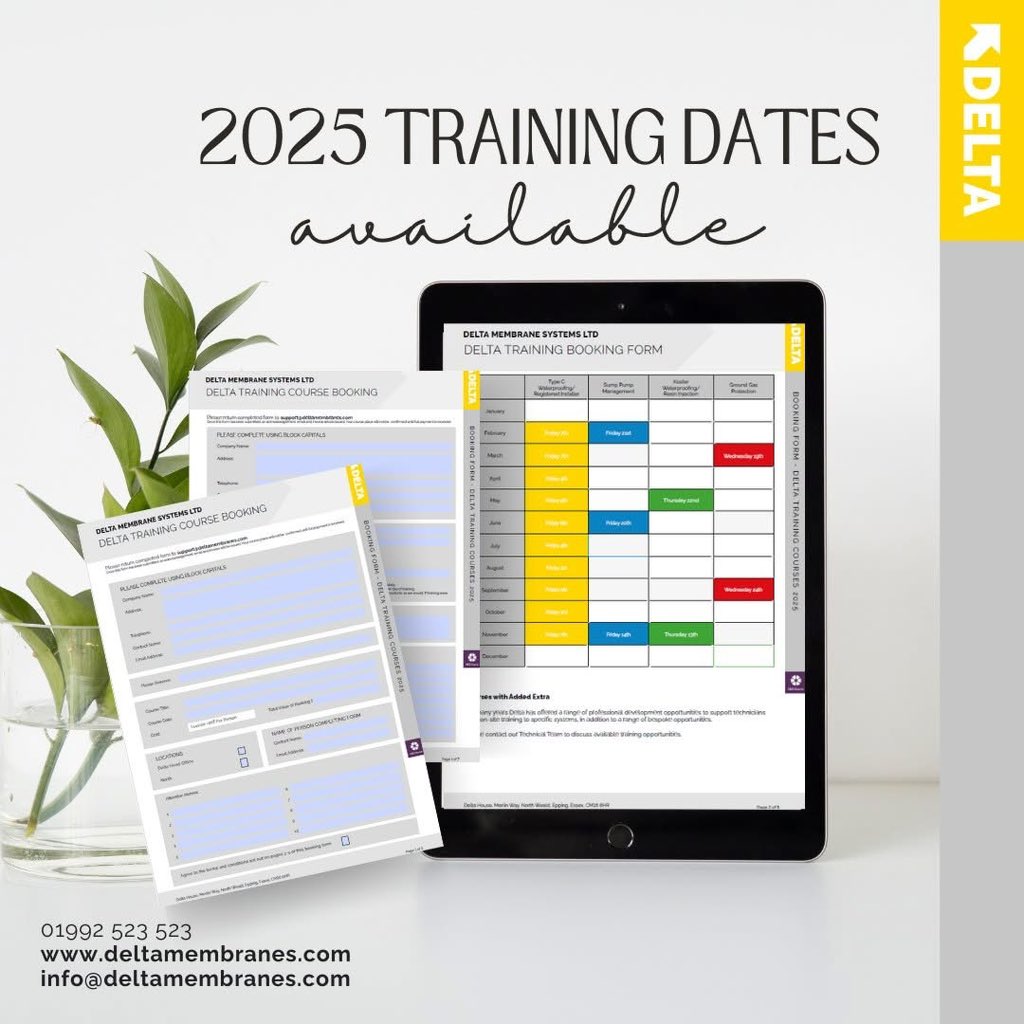 Announcing Delta's Technician Training Dates for 2025. 

Visit our website for more details and registration information 👉deltamembranes.com/app/uploads/20…

#structuralwaterproofing #Delta #TechnicalSupport #deltatechnical #techniciantraining #education #waterproofing #bs8102