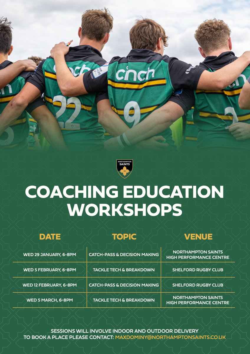 Saints Rugby Academy (@saintsrugbyacad) on Twitter photo Our first block of Coach Education Workshops for 2025 have been confirmed 👨🏫
Club and school coaches from across our Academy region can book their place by emailing:
maxdominy@northamptonsaints.co.uk Our first block of Coach Education Workshops for 2025 have been confirmed 👨🏫
Club and school coaches from across our Academy region can book their place by emailing:
maxdominy@northamptonsaints.co.uk