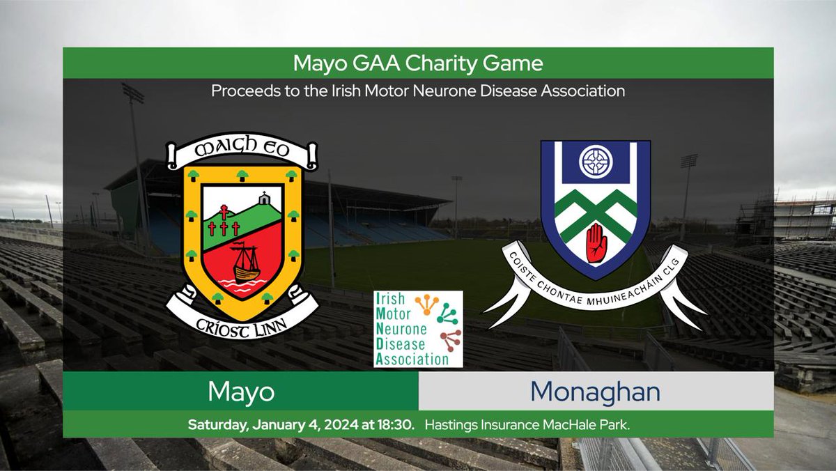 Mayo GAA TV will have Live coverage of the Irish Motor Neurone Disease Association  Charity Match between Mayo senior footballers and Monaghan GAA tomorrow 4th January at 6.30pm at Hastings Insurance MacHale Park.

📺 Watch it Live on Mayo GAA TV  👇👇
page.inplayer.com/mayogaa/