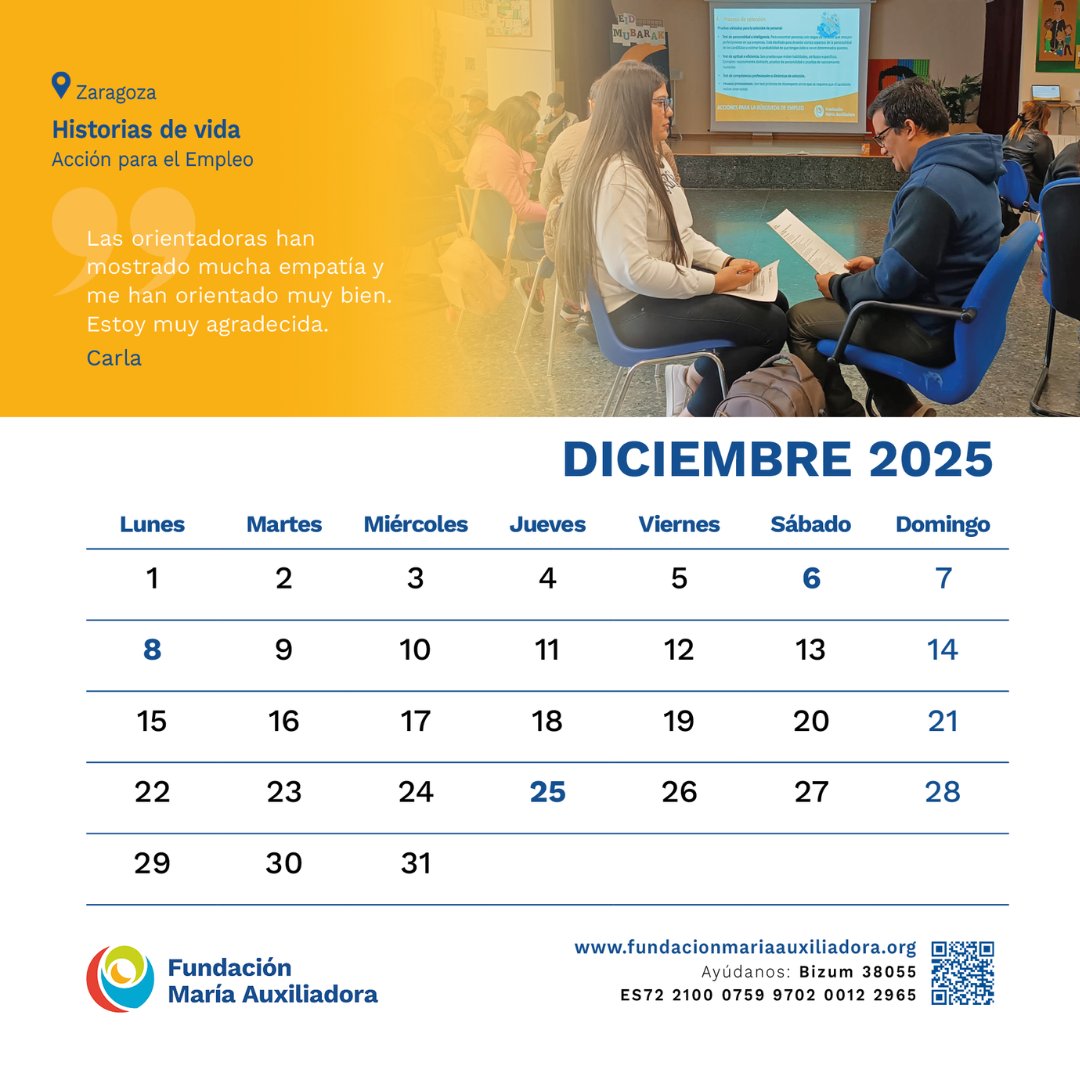 📆 Este mes, en el calendario de diciembre compartimos el testimonio de Carla, de Acción para el Empleo en #FdMA_Zaragoza.

🥰 «Las orientadoras han mostrado mucha empatía y me han orientado muy bien. Estoy muy agradecida.»

#Confía