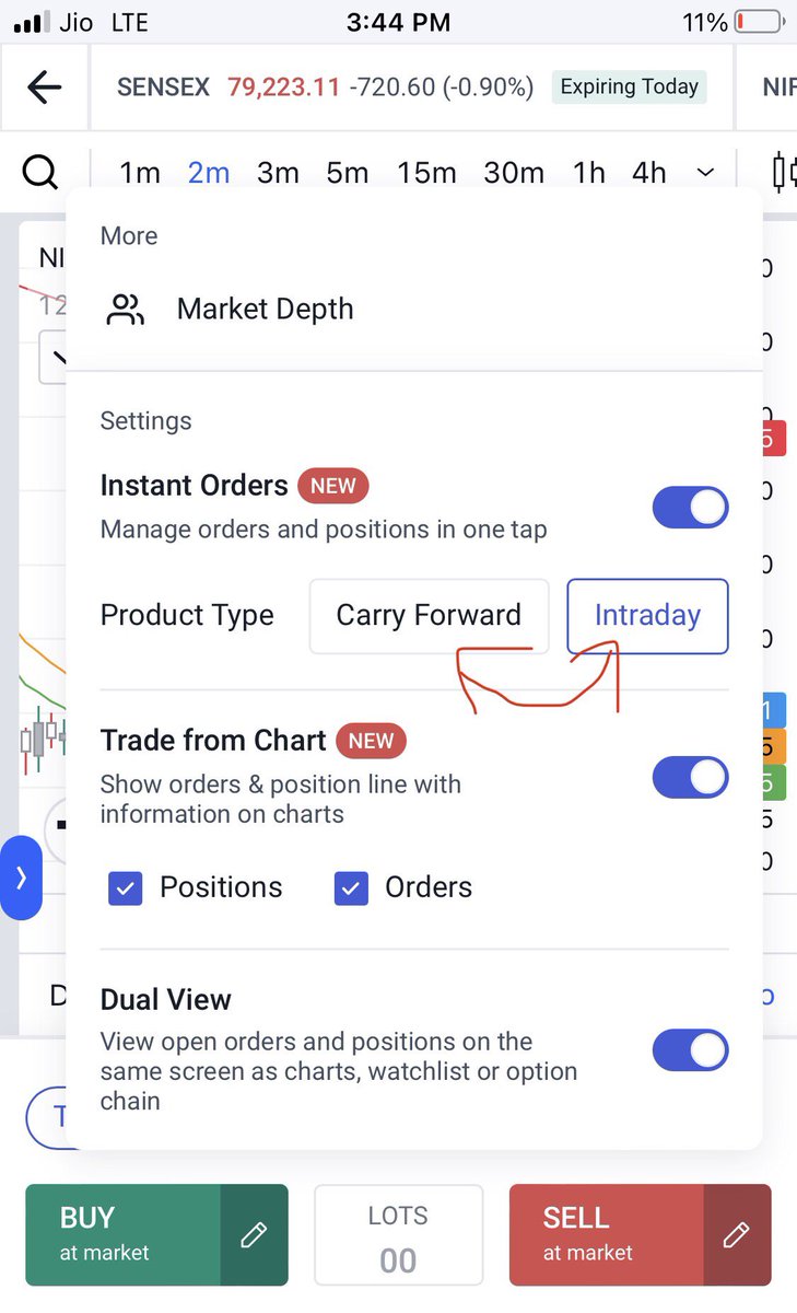Rambo4LYF's tweet photo. Changing the order type from ‘Intraday’ to ‘Carryforward’ (in the instant order pop-up) gets reset back to ‘Intraday’ when you close and reopen the @AngelOne app (not aware).Bad feature &amp; risky too.I was not able to exit my trade and faced a risk of loosing ₹30K(details below) https://t.co/ExQU1M3ddE