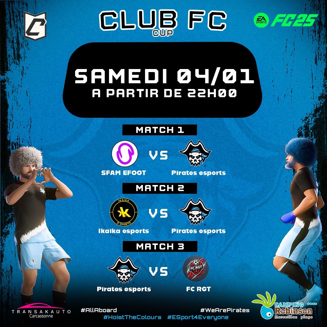 Pirates eSports (@piratesxesports) on Twitter photo Le grand jour approche pour notre section Club Pro ⚽️
Nous sommes fiers de participer au premier tournoi Club Pro sponsorisé par <a href="/easportsfcfr/">EA SPORTS FC France</a> ! 🏆✨
Le coup d’envoi de nos matchs est prévu à 22h – soyez prêts à vibrer avec nous 🔥
#WeArePirates #AllAboard #eSport4Everyone Le grand jour approche pour notre section Club Pro ⚽️
Nous sommes fiers de participer au premier tournoi Club Pro sponsorisé par <a href="/easportsfcfr/">EA SPORTS FC France</a> ! 🏆✨
Le coup d’envoi de nos matchs est prévu à 22h – soyez prêts à vibrer avec nous 🔥
#WeArePirates #AllAboard #eSport4Everyone