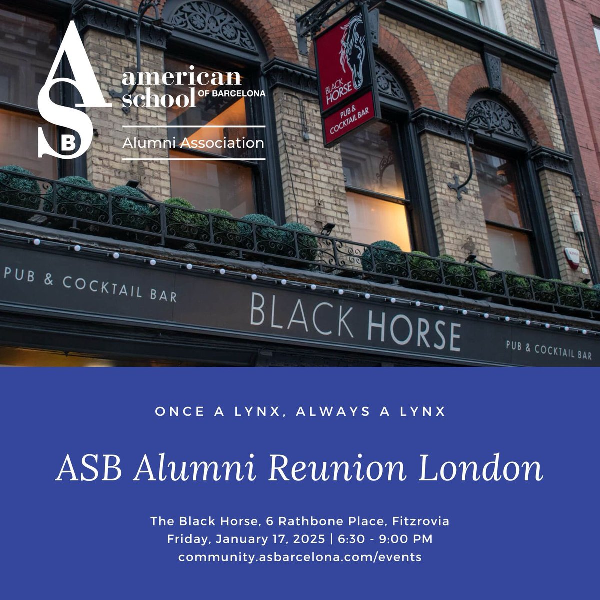 Happy 2025 to our <a href="/ASBschool/">American School of Barcelona</a> Alumni Community! 🍇
 
Our first alumni reunion is coming up in London on Friday, January 17, 2025, at The Black Horse, Fitzrovia. 🇬🇧 

Registration required: community.asbarcelona.com/event/asb-alum…

Hasta pronto! 😻

#ASBalumni
#ASBreunion
#ASBcommunity