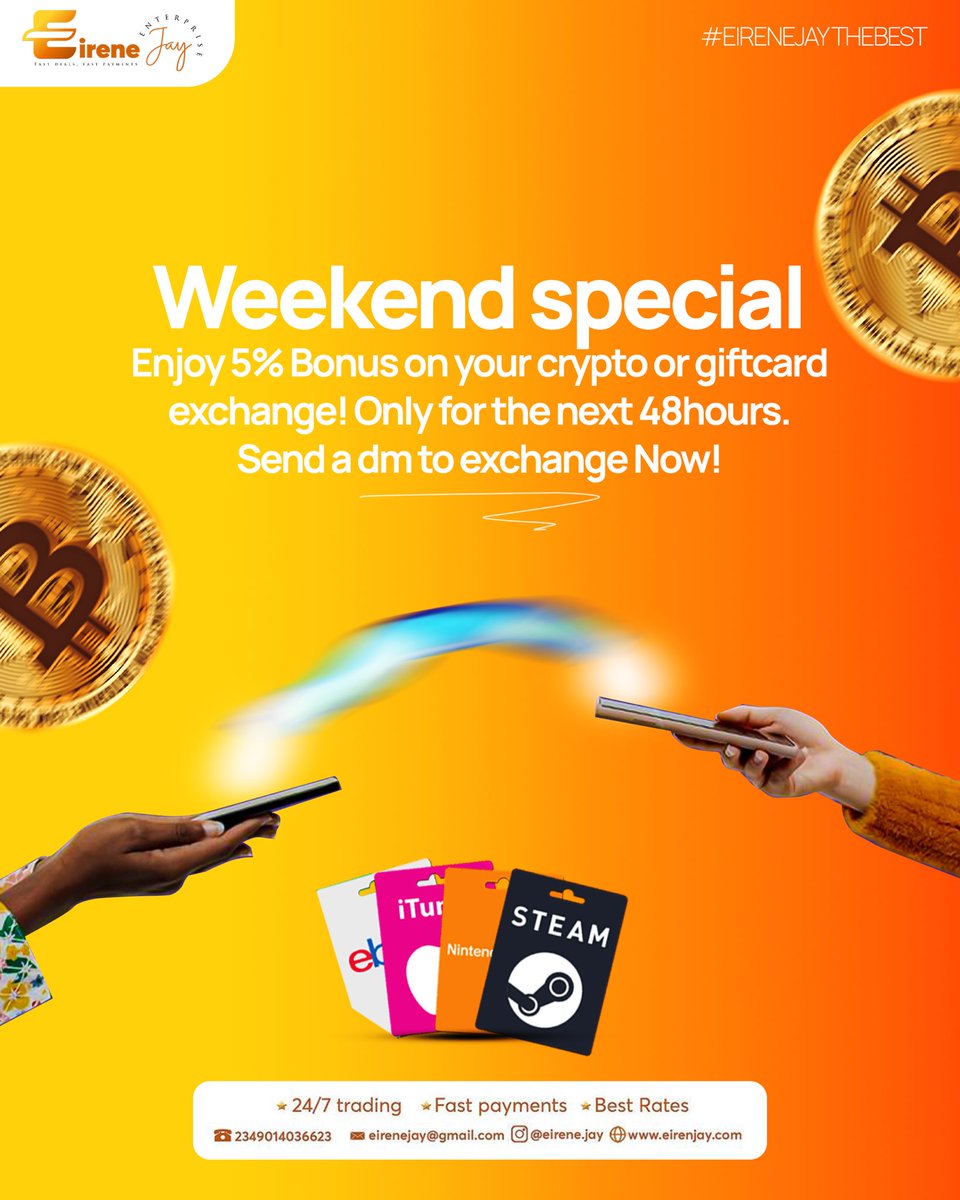 eirenejay_'s tweet photo. We are just a Dm away from you ‼️💵
Enjoy 5% bonus on each cryptocurrency and giftcard trade 
Send a dm now to trade✅💰
#explorepage✨ https://t.co/WFQKHcExYr