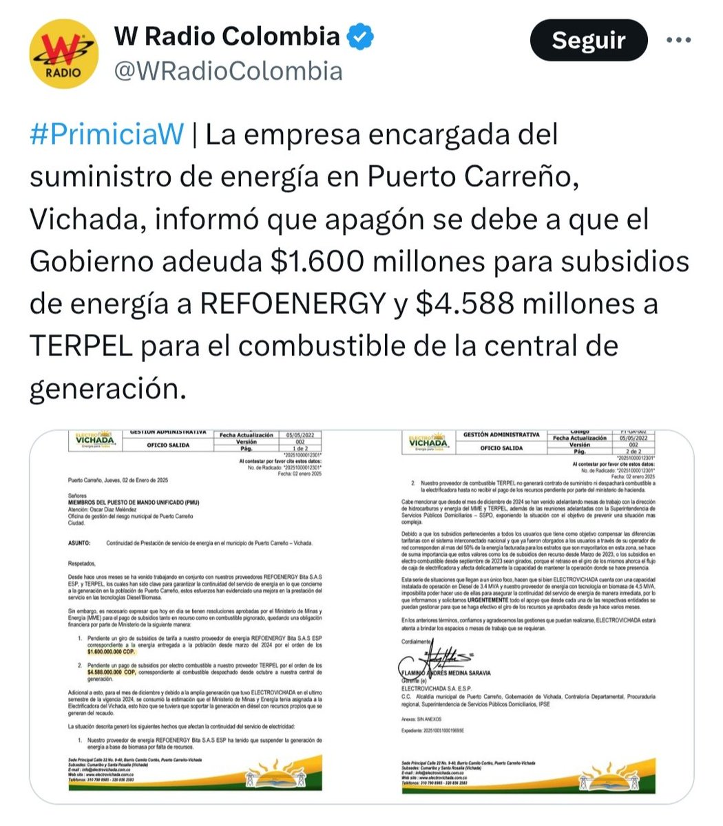 ojocolombia2026's tweet image. 🇨🇴🚨🚨 URGENTE:

Todo puerto Carreño está sin energía en este momento porque PETRO no le pago a terpel la factura de $ 4.500 millones  de los subsidios de energía.

Ahora saldrán los petristas a decir que allá solo viven los más ricos de Colombia!!