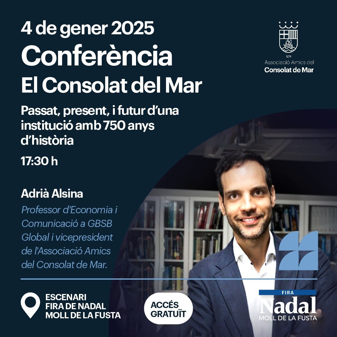 Aquest 2025 tampoc parem! Demà dissabte, dia 4, tornem al Moll de la Fusta de Barcelona amb el nostre vicepresident, <a href="/AdriaAlsina/">Adrià Alsina</a>, que parlarà del passat, present i futur del Consolat de Mar. Us hi esperem!