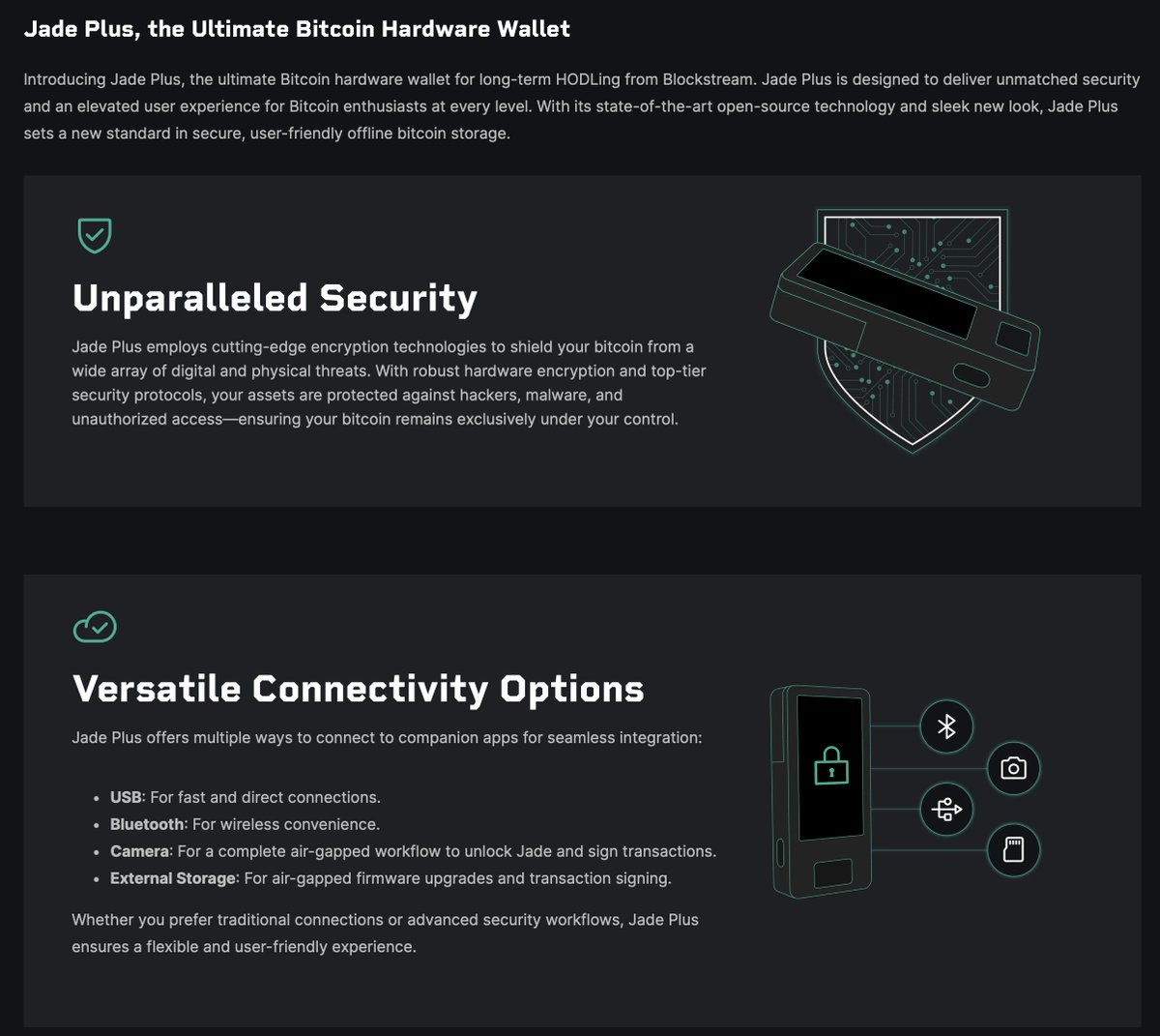 블록스트림 제이드 플러스 신제품 출시! 대략 훑어보니 디스플레이 확장, UI 개선, SD카드+USB 로 사이닝/펌웨어 업글 등을  지원하네요. 아마 카메라도 개선 됐겠죠? 그 외에 여러 추가 개선된 사항들이 있는 것 같습니다. 가격은 169