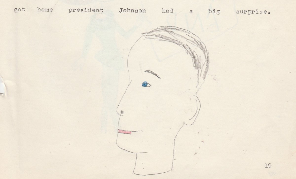 HermitsDaily's tweet photo. President Lyndon Baines Johnson, from "Wrecked in Space," a picture book I wrote in childhood.   1960s.  #creativity #childhoodcreativity #childhood #1960s #picturebook #book #books #drawing #drawings #pencil #coloredpencils #pictures #LBJ #Lyndonbainesjohnson #president #vintage https://t.co/yZTfCTPVMz