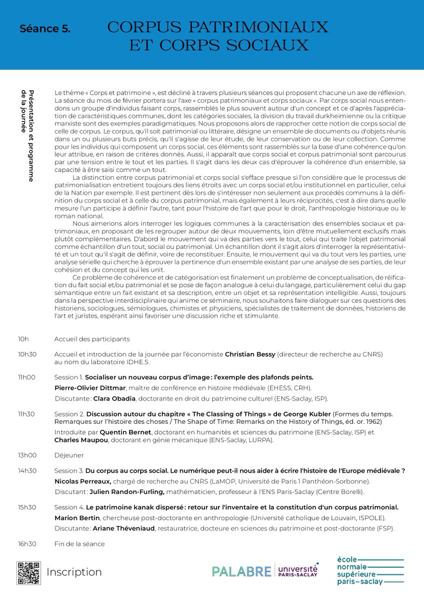 QEbrnt's tweet photo. Si les questions de classification, le patrimoine et l'interdisciplinarité vous intéressent, ne manquez pas le 5 Février la cinquième séance du séminaire Nomade de l'OI PaLabRe, "Corpus patrimoniaux et corps sociaux", organisé à l'ENS Paris-Saclay! https://t.co/RgPlziZ2Qi
