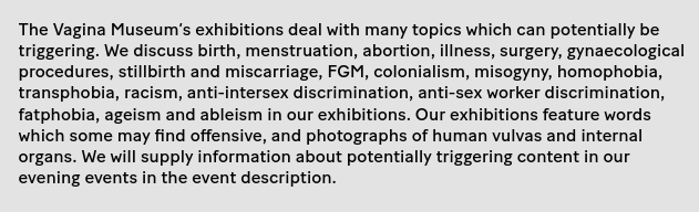 vagina_museum's tweet photo. Content warnings can - and should - be neutral and specific. We like to do this! For example, here's the content warning section from our website, and further signage is positioned throughout the museum. See how we just describe what's there? https://t.co/qTMeJ88UJm