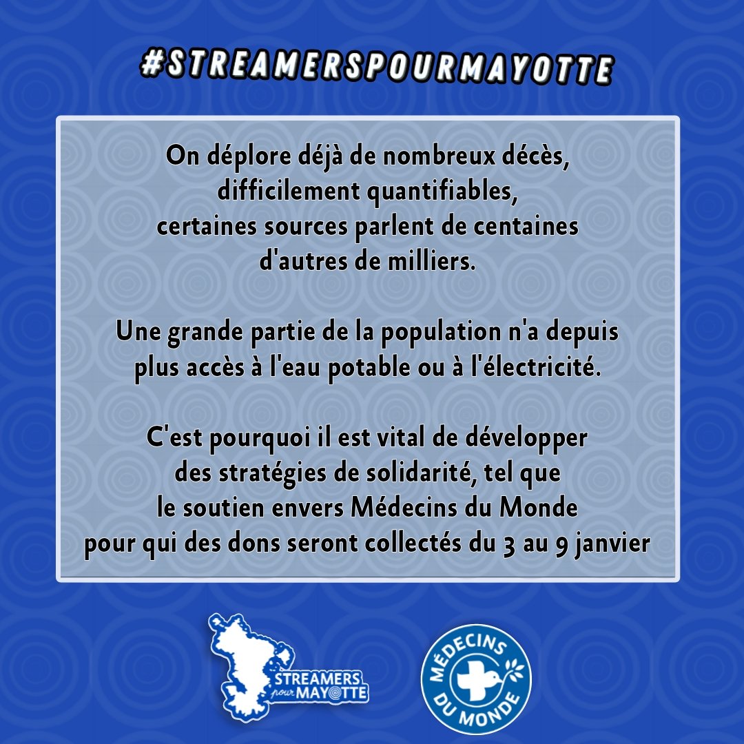 Un saut par ici pour vous parler de #Streamerspourmayotte 
Initiative créée dans l'urgence face à l'urgence, vous pouvez donc toujours rejoindre la team ou ping des createurices pour des renforts

 (Lien formulaire dessous)

Orga <a href="/LNumeriques/">Loisirs Numériques</a> au profit de <a href="/MdM_France/">Médecins du Monde</a>